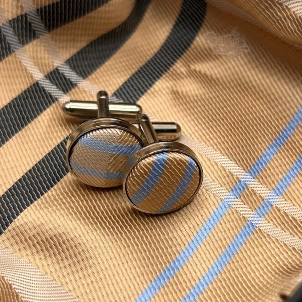 Mens Silvertone‎ Cuff links Tan Blue Striped Fabric